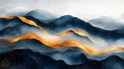 Poster - exquisite abstract landscape design featuring fluid waves of gold and deep blue hues with soft atmos