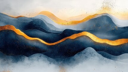 Poster - Beautiful abstract landscape with flowing lines and golden accents depicting serene mountains in calming colors, perfect for modern interior design
