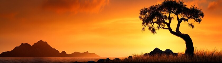 Wall Mural - Sunset Silhouette: A solitary tree stands silhouetted against a vibrant, fiery sunset, overlooking a serene landscape of mountains and water.  The scene evokes a sense of peace and tranquility. 