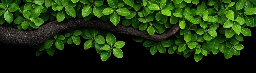 Wall Mural - Lush Green Branch Against Dark Background: A captivating image showcasing a vibrant green branch with lush foliage against a dramatic black background.