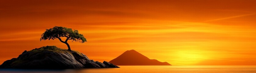 Wall Mural - Serene Sunset Silhouette: A solitary tree stands on a small island, silhouetted against a vibrant orange sunset over a calm sea with a distant mountain. The scene evokes tranquility and peace. 