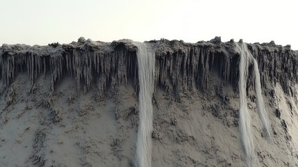 Wall Mural - Eroded Cliffside with Waterfalls in a Desolate Landscape Surrounded by Majestic Nature.