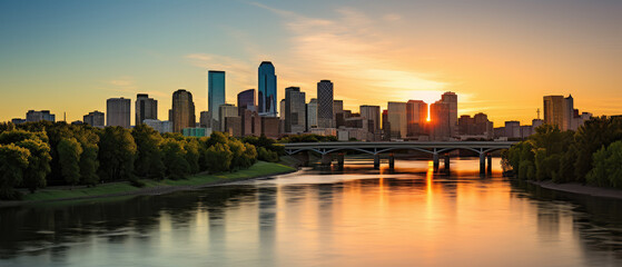 Fototapete - Urban Skyline at Sunset Above Tranquil River