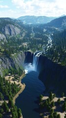 Wall Mural - Majestic Waterfall in Mountainous Forest Landscape - Aerial View of Nature's Beauty