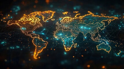 Poster - glowing world map on dark background with intricate network lines and bright highlights showcasing g