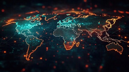 Poster - glowing world map visualization on dark background with digital connection lines and bright dots ill