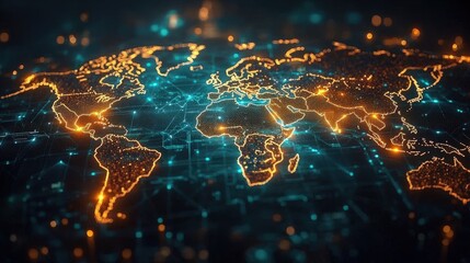Poster - glowing world map with bright connections on dark background representing global networking and digi