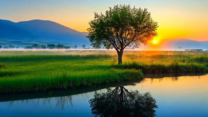 Wall Mural - Sunset over a serene landscape with a lone tree reflecting in calm water