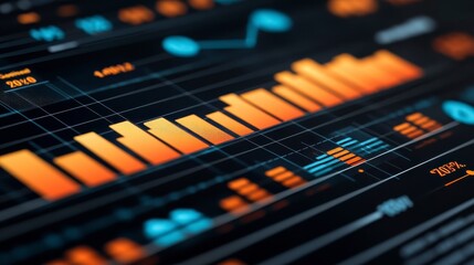 Poster - Financial Data Analysis Close up of Increasing Bar Charts and Key Performance Indicators on Screen