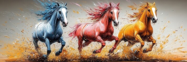 Poster - dynamic abstract oil painting of colorful horses in motion with vibrant splashes of color and energe
