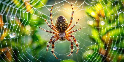 European Garden Spider in its Web - Aerial View of intricate spiderweb with spider
