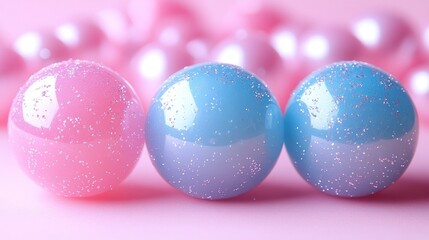 Wall Mural - Three sparkly pastel spheres on pink background.