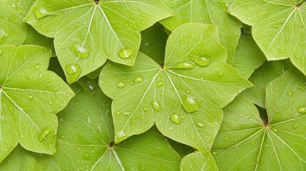Wall Mural - lush green leaves with dew drops vibrant spring foliage texture background