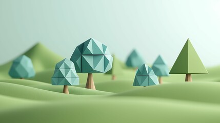 Wall Mural - A serene landscape featuring geometric paper trees and hills in soft green tones, creating a whimsical and tranquil scene.