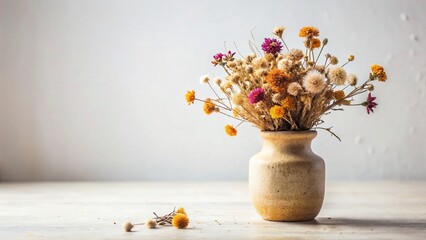 Poster - Rustic Ceramic Vase with Dried Flowers on White - Minimalist Still Life Stock Photo
