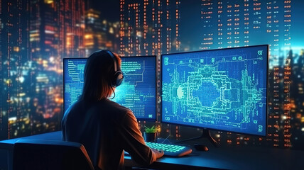Poster - Outstanding Cyber security experts working with tech devices and neon lights