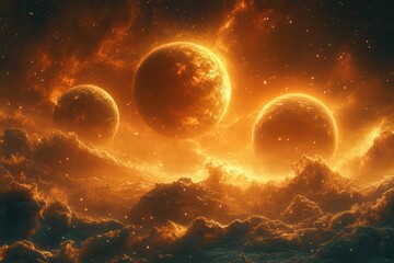 Wall Mural - Celestial panorama featuring orange glowing planets set against a vibrant cosmic backdrop