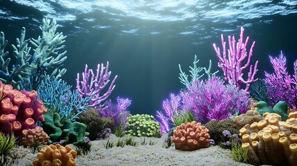 Wall Mural - a vibrant underwater scene featuring colorful coral reefs illuminated by sunlight filtering through 