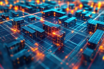 Fototapete - Futuristic Abstract Cityscape with Glowing Lights and Grid Technology in a High-Tech Environment for Digital Backgrounds and Visual Concepts