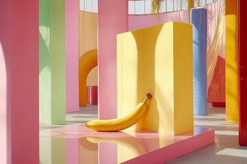 Poster - Vibrant and Playful Interior Featuring Bold Colorful Structures with a Yellow Banana on Display in an Artistic Setting