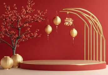 Poster - 3D rendering of a podium display with a Chinese New Year background, featuring a red and gold color theme in a minimalist style. 