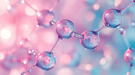 Poster - closeup of colorful chemical structure with glowing molecules and soft bokeh background in blue and 