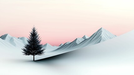 Wall Mural - A solitary tree stands against a serene backdrop of snowy mountains and a soft pastel sky, creating a tranquil winter landscape.