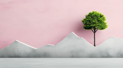 Wall Mural - a minimalist scene featuring a green tree against a pink wall with abstract mountains, creating a ha