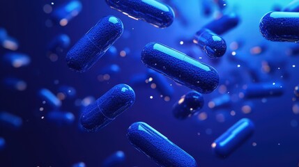 Poster - Blue Medicinal Capsules Floating in an Artistic Background with a Dynamic Illumination and a Hypnotic Aesthetic