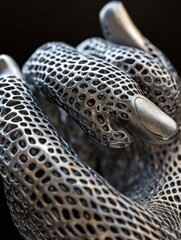Poster - hand with metal object printed on 3d printer close-up