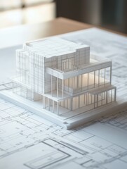 Poster - A 3D model of a house or building structure placed on top of architectural blueprints. The model is white and appears to be made of a solid material, possibly plastic or foam