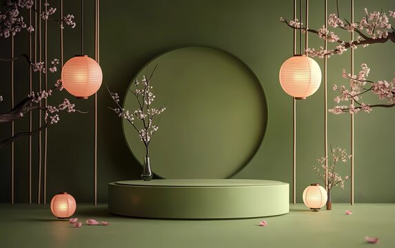 3D vector green background with a podium and Lunar New Year elements. Happy Lunar New Year celebration design for product presentation