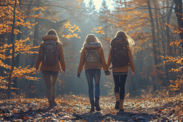 Three women in casual clothing stroll through a serene forest, holding hands as they embrace the beauty of autumn. The golden leaves create a picturesque atmosphere.