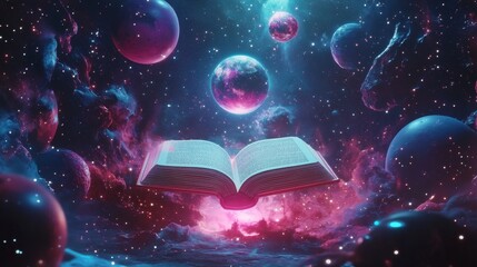 Wall Mural - A galaxy-themed room with stars and planets glowing around an open book hovering at the center, book fantasy with copy space