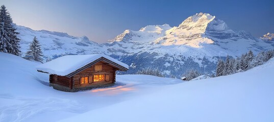 Wall Mural - Enchanting Winter Wonderland Cozy Wooden Cabin Nestled in the Snow-Covered Swiss Alps at Twilight