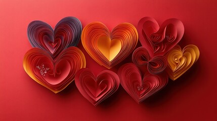 Poster - A collection of paper hearts arranged on a vibrant red background for decoration or artwork valentine day