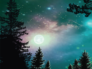 Wall Mural - winter firs on bright blue night background