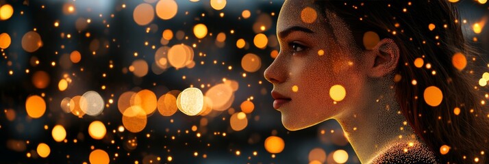 Poster - Digital Woman Profile with Glowing Particles on a Blurred Background, AI and Technology Concept