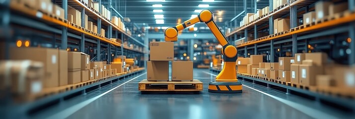 Poster - Advanced Robotic Arm Handling Boxes in a Modern Smart Warehouse Environment with Efficient Automation and Organized Storage Solutions