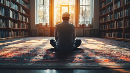 Person meditating in a serene library setting.