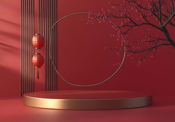 Poster - Chinese New Year stage background with a golden circular podium and red plum blossom decoration, minimalist design, 3D rendering illustration, 
