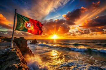 Wall Mural - Silhouette of Portuguese Flag Pattern at Sunset, Dramatic Coastal Scene