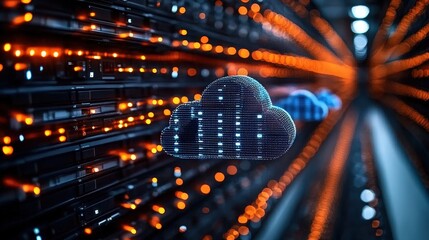 Poster - stunning and realistic cloud computing concept with digital storage servers and interconnected data 