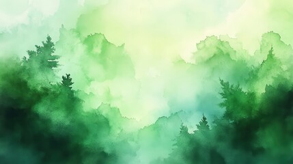 Poster - serene green watercolor abstract landscape with lush forest and soft misty background captured in tr