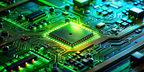 Poster - Green LED Light on Circuit Board - Close Up Technology Stock Photo