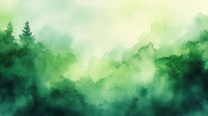 Poster - serene green watercolor abstract landscape with soft mist and artistic blends of nature in enchantin