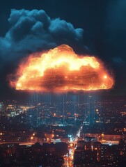Poster - creative glowing cloud hologram on illuminated night city backdrop. cloud computing and database con