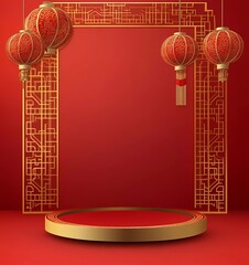Leinwandbilder - Vector image with a red background and golden decorations, paper-cut lanterns, and a gold Chinese pattern frame on the left side of an empty circular podium, a mockup for product presentation