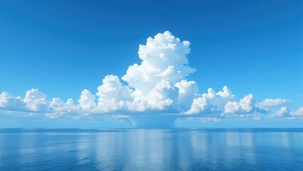 whitish, fluffy cumulus clouds hover over serene waters beneath a deep blue sky. perfectly framed at