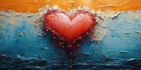 Poster - Painting of a heart on a vibrant blue and orange abstract background with textured brush strokes valentine day